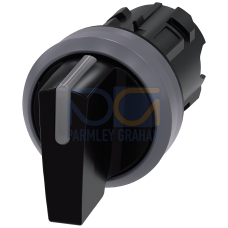Selector switch, illuminable, 22 mm, round, plastic with metal front ring, black, selector switch, short, 3 switch positions I-O-II, latching, actuating angle 2x45&deg;, 10:30h/12h/13:30h