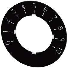 Labeling plate for potentiometer, black label, white font, with inscription: 0...10, Outer diameter