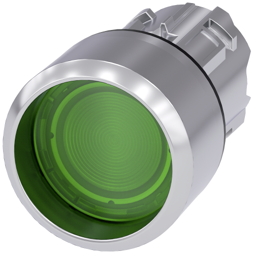Illuminated pushbutton, 22 mm, round, metal, shiny, green, Front ring, raised, momentary contact typ