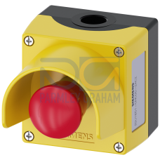Enclosure for command devices 22 mm, round, Enclosure material metal, Enclosure top part yellow, with protective collar, 1 control point metal, A=EMERGENCY STOP palm pushbutton, red, 40 mm, rotate-to-