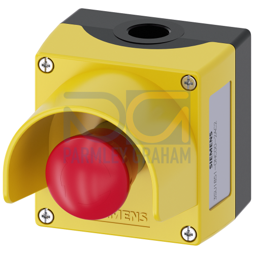 Enclosure for command devices 22 mm, round, Enclosure material metal, Enclosure top part yellow, with protective collar, 1 control point metal, A=EMERGENCY STOP palm pushbutton, red, 40 mm, rotate-to-