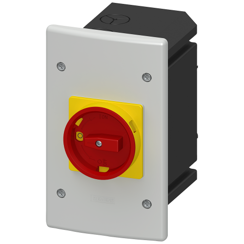 Molded-plastic installation enclosure with emergency stop rotary operating mechanism with metric cab