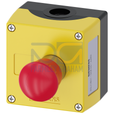 Enclosure for command devices, 22 mm, round, enclosure material plastic, enclosure top part yellow, 1 control point, A=EMERGENCY STOP mushroom pushbutton red, metal, 40 mm, rotate-to-unlatch, 1 NO, 1