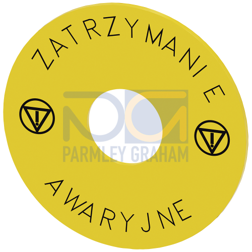 Washer for EMERGENCY STOP, yellow, with inscription (Polish): Zatrzymanie Symbol 5638, Awaryjne Symbol 5638, outer diameter 75 mm, Inside diameter 22.