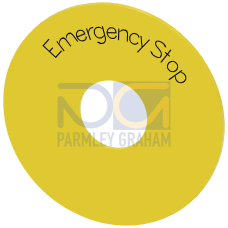 Washer for emergency stop, yellow, with inscription: EMERGENCY STOP, outer diameter 75 mm, Inside di