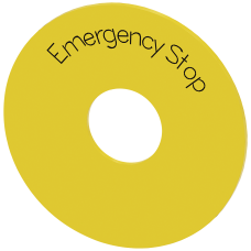 Washer for emergency stop, yellow, with inscription: EMERGENCY STOP, outer diameter 75 mm, Inside di