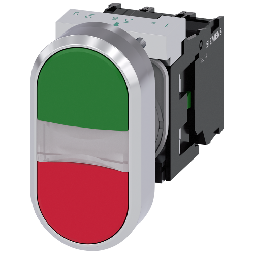 Twin pushbutton, illuminated, 22 mm, round, metal, high gloss, green, red, 1 NO, 1 NC