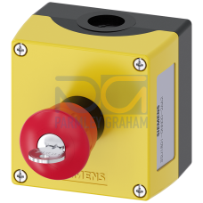Enclosure for command devices, 22 mm, round, Enclosure material plastic, Enclosure top part yellow, 1 control point plastic, Control point in center, A=EMERGENCY STOP mushroom pushbutton red, 40 mm, w