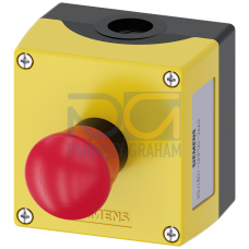 Enclosure for command devices, 22 mm, round, Enclosure material plastic, Enclosure top part yellow, 1 control point plastic, Control point in center, A=EMERGENCY STOP mushroom pushbutton red, 40 mm, r