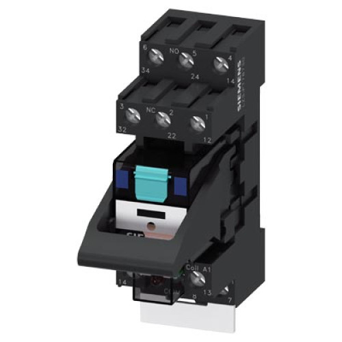 plug-in relay complete unit, 3 changeover contacts, 24 V DC, LED module red, standard plug-in socket screw terminal, 3.5 mm pinning