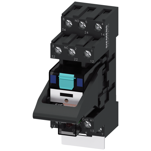 plug-in relay complete unit, 3 changeover contacts, 24 V DC, LED module red, standard plug-in socket screw terminal, 3.5 mm pinning