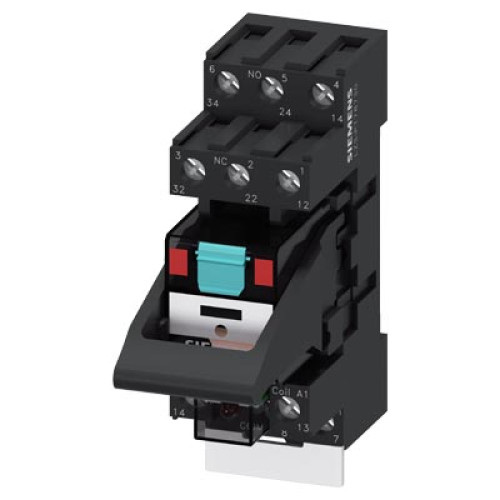 plug-in relay complete unit, 3 changeover contacts, 24 V AC, LED module red, standard plug-in socket screw terminal, 3.5 mm pinning