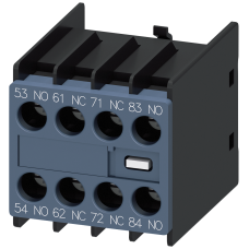 Auxiliary switch on the front, 2 NO + 2 NC Current path 1 NO, 1 NC, 1 NC, 1 NO for 3RH and 3RT screw terminal 53/54, 61/62, 71/72, 83/84