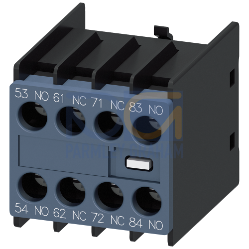 Auxiliary switch on the front, 2 NO + 2 NC Current path 1 NO, 1 NC, 1 NC, 1 NO for 3RH and 3RT screw terminal 53/54, 61/62, 71/72, 83/84