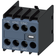 Auxiliary switch on the front, 2 NO + 1 NC Current path 1 NC, 1 NO, 1 NO for 3RH and 3RT screw terminal 31/32, 43/44, 53/54 Special inscription