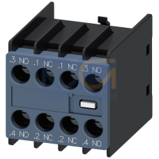 Auxiliary switch on the front, 2 NO + 2 NC Current path 1 NO, 1 NC, 1 NC, 1 NO for 3RH and 3RT screw terminal .3/.4, .1/.2, .1/.2, .3/.4