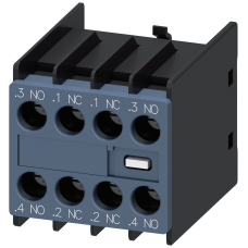 Auxiliary switch on the front, 2 NO + 2 NC Current path 1 NO, 1 NC, 1 NC, 1 NO for 3RH and 3RT screw terminal .3/.4, .1/.2, .1/.2, .3/.4