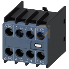 Auxiliary switch on the front, 2 NO + 2 NC Current path 1 NO, 1 NO, 1 NC, 1 NC for 3RH and 3RT screw terminal .3/.4, .3/.4, .1/.2, .1/.2