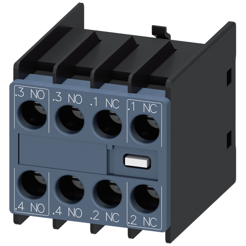 Auxiliary switch on the front, 2 NO + 2 NC Current path 1 NO, 1 NO, 1 NC, 1 NC for 3RH and 3RT screw terminal .3/.4, .3/.4, .1/.2, .1/.2