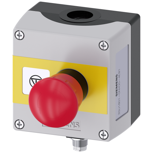 enclosure for command devices 22 mm, round, enclosure material plastic, enclosure top part gray, 1 control point, plastic, A=EMERGENCY STOP mushroom pushbutton, red 40 mm, rotate-to-unlatch mechanism,