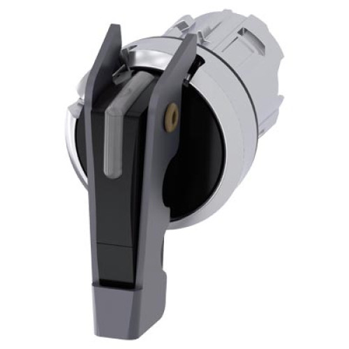 illuminable selector switch, 22 mm, round, collar metal, front ring metal high gloss, black, selector long, 3 switch positions I-O-II, latching, actuating angle 2x45&deg;, 10:30h/12h/13:30h, lockable in