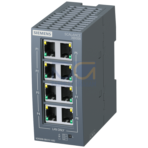 SCALANCE XB008 Unmanaged Industrial Ethernet Switch for 10/100 Mbit/s for setting up small star and line topologies LED diagnostics, IP20, 24 V AC/DC