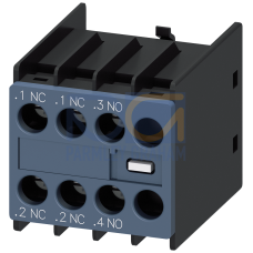 Auxiliary switch on the front, 1 NO + 2 NC Current path 1 NC, 1 NC, 1 NO for 3RH and 3RT screw termi