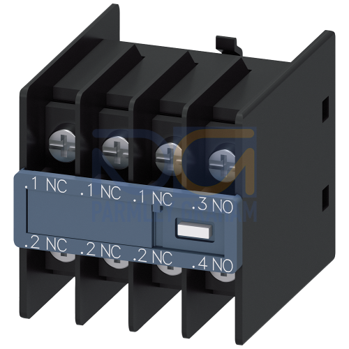 Auxiliary switch on the front, 1 NO + 3 NC Current path 1 NC, 1 NC, 1 NC, 1 NO for 3RH and 3RT Ring