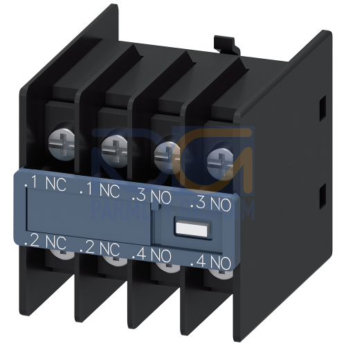 Auxiliary switch on the front, 2 NO + 2 NC Current path 1 NC, 1 NC, 1 NO, 1 NO for 3RH and 3RT Ring