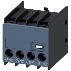 Auxiliary switch on the front, 1 NO + 1 NC Current path 1 NO, 1 NC Connection from below for 3RH and