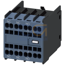Auxiliary switch on the front, 1 NO + 2 NC Current path 1 NC, 1 NO, 1 NO for 3RH and 3RT spring-type