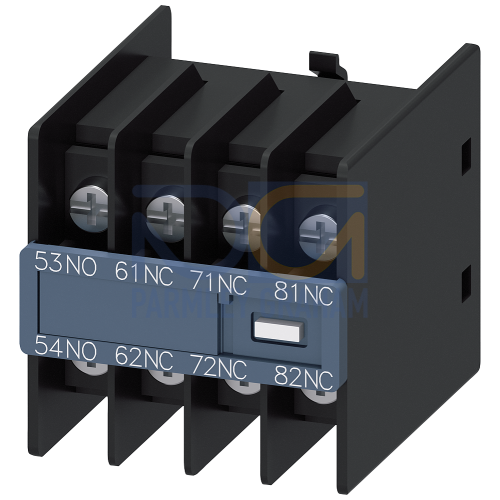 Auxiliary switch on the front, 1 NO + 3 NC Current path 1 NO, 1 NC, 1 NC, 1 NC for contactor relays