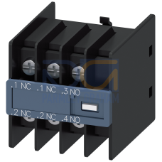 Auxiliary switch on the front, 1 NO + 2 NC Current path 1 NC, 1 NC, 1 NO for 3RH and 3RT Ring cable