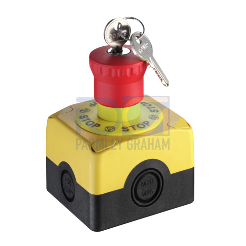 E-Stop button Contact allocation: 2NC + 1NO; Cable entry: 5 Piece(s), M16 x 1.5; Connection: Terminal, 6 -pin; Dimension: 80 mm x 101.8 mm x 72 mm; Housing material: Plastic, Glass fiber reinforced (
