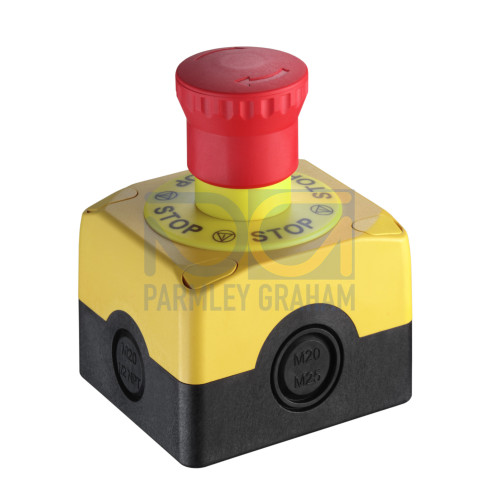 E-Stop button Contact allocation: 2NC + 1NO; Cable entry: 5 Piece(s), M16 x 1.5; Connection: Terminal, 6 -pin; Dimension: 80 mm x 102.3 mm x 72 mm; Housing material: Plastic, Glass fiber reinforced (