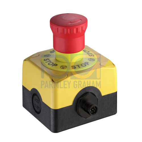 E-Stop button Contact allocation: 2NC + 1NO; Connection: Connector; Dimension: 80 mm x 102.3 mm x 72 mm; Housing material: Plastic, Glass fiber reinforced (PPS), self-extinguishing; Cable entry: M12;
