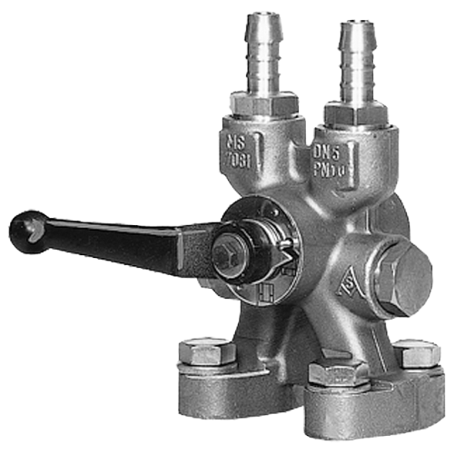 Multi-way cock PN 100 for direct flanging on transmitter, suitable for water and non-corrossive gases and vapors, made of mat. no. 1.0460 process connection: 2 bulkhead glands, blow-out connection: fe