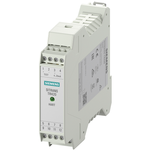 SITRANS TR420 Temperature transmitter for rail mounting, with two separate configurable inputs and a galvanically isolated 2-wire output.