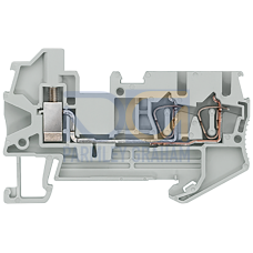 Hybrid through-type terminal, screw connection and 2x spring-loaded connection