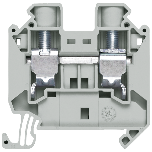 Through-type terminals with screw terminal Terminal size 16.0 mm2 Terminal width 12.0 mm Color gray