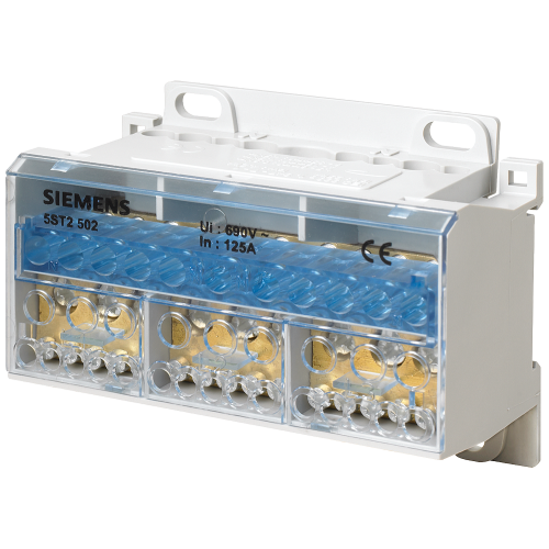 Distribution block 4-pole, 125 A, 690V Input: 1x 25/35 mm2 Output: 4x 16+7x 10 mm2 for installation