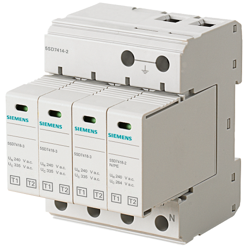 Lightning conductor T1/T2, UN 240/400 V, UC 335/264 V A.C., pluggable protective modules, 3+1 circuit (TN-S, TT), Width 72 mm