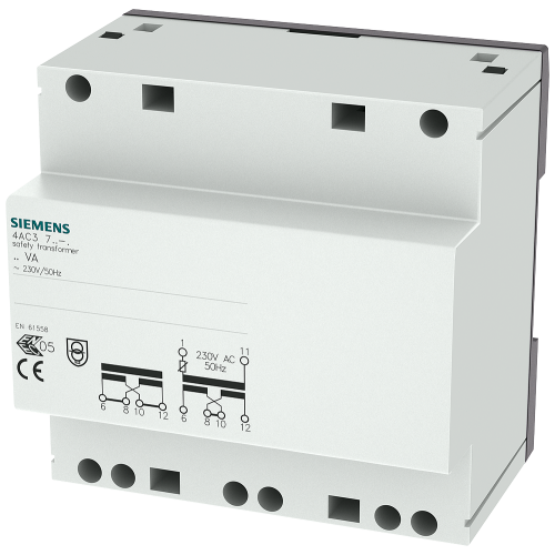 Safety transformer, 40 VA primary 230 V AC, 50 Hz, secondary 2x12 V/24 V AC with PTC protection.