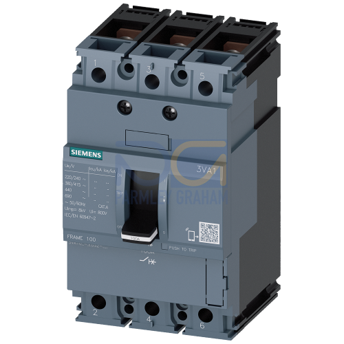 circuit breaker 3VA1 IEC frame 100 breaking capacity class B Icu=16kA @ 415V 3-pole, line protection TM210, FTFM, In=25A overload protection Ir=25A fixed short-circuit protection Ii=12.8 x In nut keep