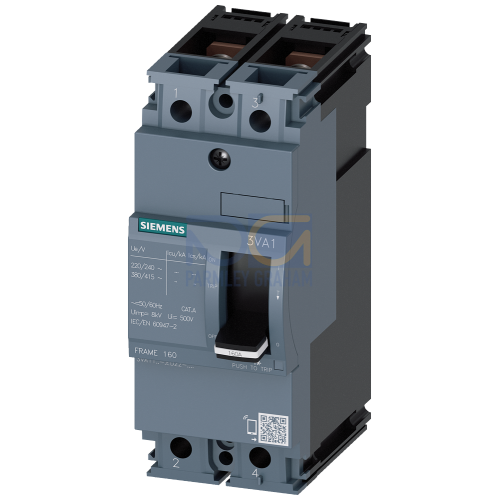 circuit breaker 3VA1 IEC frame 160 breaking capacity class N Icu=25kA @ 415V 2-pole, line protection TM210, FTFM, In=100A overload protection Ir=100A fixed short-circuit protection Ii=10 x In nut keep