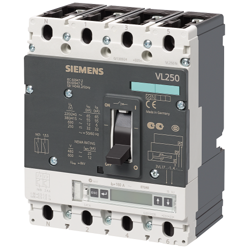 circuit breaker VL250N standard breaking capacity Icu=55kA, 415V AC 4-pole, line protection Electronic Trip Unit LCD ETU40, LI/LS/LSI In=250A, rate...