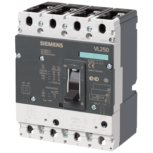 circuit breaker VL250N standard breaking capacity Icu=55kA, 415V AC 4-pole, line protection Trip Unit TM, LI In=250A, rated current IR=200...250A, ...