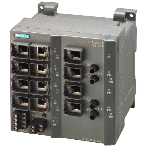 SCALANCE X212-2, managed IE switch, 12x 10/100 Mbit/s RJ45 ports, 2x 100 Mbit/s Multimode BFOC, LED