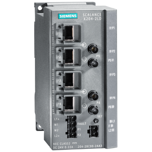 SCALANCE X204-2LD, managed IE switch, 4x 10/100 Mbit/s RJ45 ports, 2x 100 Mbit/s single-mode BFOC, E