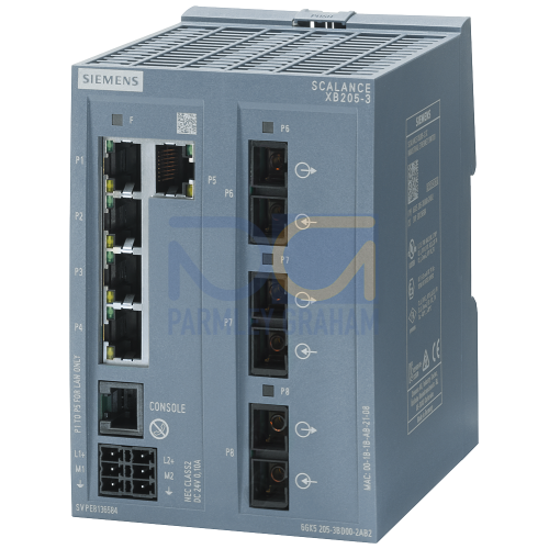 SCALANCE XB205-3 managed Layer 2 IE Switch 5x IEC 62443-4-2 certified 10/100 Mbps RJ45 ports 3x MM FO SC port 1x console port, diagnostics LED redund